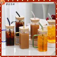 BUSH โปร่งใสโปร่งใส การดื่มน้ำ หลอดดูดน้ำ กาแฟเย็นๆ มีฝาปิด ที่จับสีเดียว แก้วมักทรงสี่เหลี่ยม