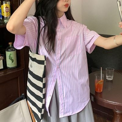 ‘；’ MEXZT Harajuku Striped Shirts Women Streetwear Vintage Sun Proof Loose Short Sleeve Blouses Summer Korean Casual Sunscreen Tops