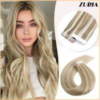 ZURIA Straight Mini Tape In Human Hair Extensions Invisible Skin Weft Adhesive 12-24inches 100 Natural Real Wigs For Women