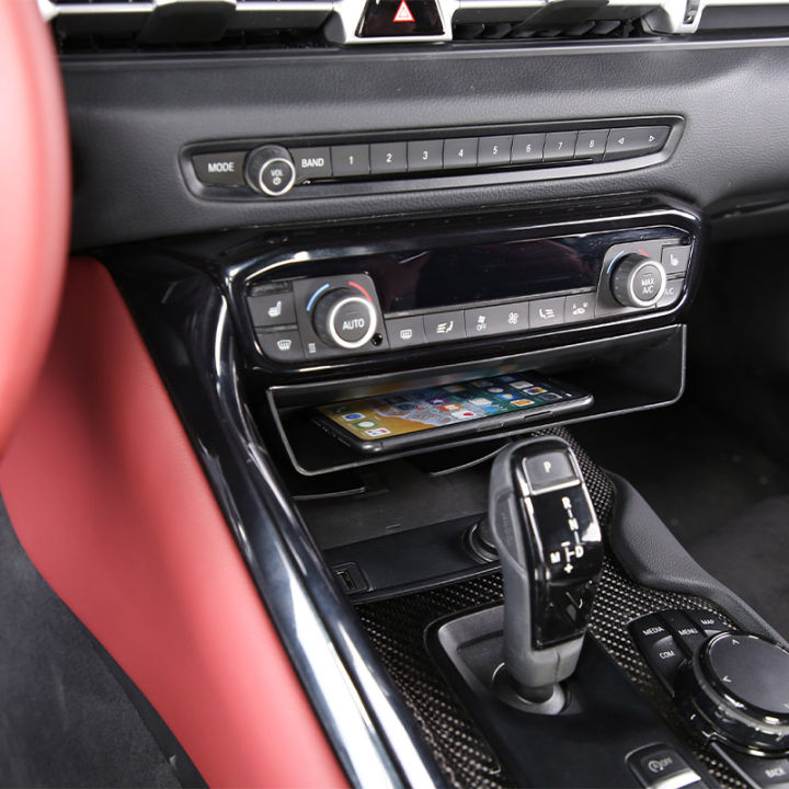 สำหรับโตโยต้า-gr-supra-mk5-a90-2019-2023-abs-สีดำรถควบคุมกลางกล่องเก็บมัลติฟังก์ชั่ศัพท์ถาดอุปกรณ์เสริมในรถยนต์
