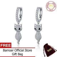 BAMOER 925เงินสเตอร์ลิงน่ารักแมวคริสตัลต่างหูดวงจันทร์คริสตรัสสำหรับผู้หญิงเครื่องประดับเงินแท้ SCE519