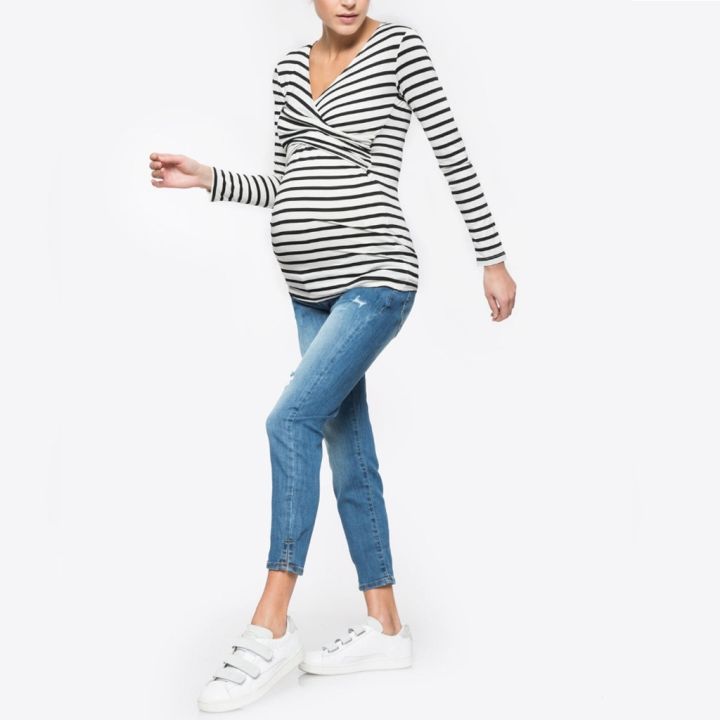 cod-source-aliexpress-autumn-new-v-neck-long-sleeved-striped-pregnant-women-confinement-dress-breastfeeding-t-shirt-two-color