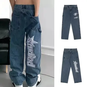 Cheap Men's Y2K Clothes Star Printed Jeans Men Loose Casual Black Denim  Trousers High Street Straight Hip-Hop Wide Leg Pants Baggy Jeans For Men