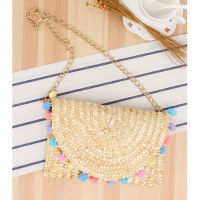 New Hairy Ball Crossbody Straw Cute Chain Woven Bag Beach Casual Womens Bag