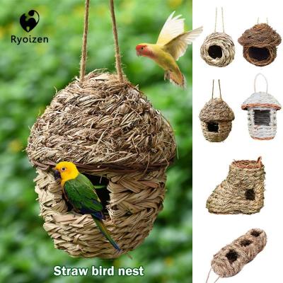 Ryoizen Hot Birds Nest Straw Hand Woven Straw Cages Plush Parrot Hanging Cave Hammock Cage Warm Bed Toy