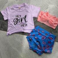 0-24m Baby Girls Three-Piece Clothes Set Purple T-Shirt Tops Elastic High Waist Shorts And Headdress Infant Girls Summer Set  by Hs2023