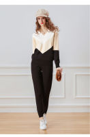 autumn and winter new product fashion V-neck color-blocking sweater + slim trousers two-piece suit