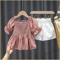 【hot sale】 ☬ C10 Summer New Childrens Clothing Korean Baby Girl Floral Short-sleeved Tops White Shorts 2Pcs Clothes Suits