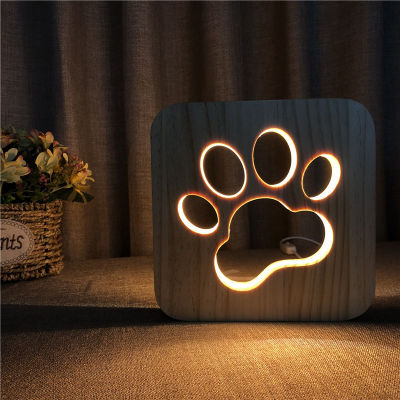 Creative Cat Dog Claws USB Table Lamp Wood Carve Art Night Light for Children Gift Bedroom Desk Bedside Warm Lighting Decoration