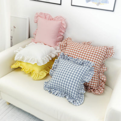 BlueRed Checkered Pillows Cotton Ruffled Sofa Cushion Nordic Modern Simple Comfortable Fabric Texture Pink Bedroom Cushion