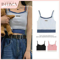 INTIMA เสื้อครอปสไตล์อเมริกันใหม่สำหรับผู้หญิงฤดูร้อนยกทรงปลอมสองชิ้นด้ายสีตัดกันเสื้อกล้ามสุดเท่สำหรับเด็กผู้หญิง