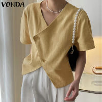 เสื้อเบลาส์เสื้อแขนสั้นมีกระดุมคอวีลำลองแฟชั่นสตรี VONDA (ลำลองเกาหลี)