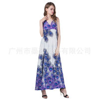 New Hot Sale Bohemia Beach Dress Ice Silk Printed Long Dress Lake Blue Plus Size