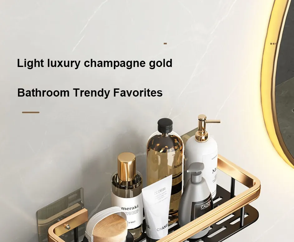 VILOYI Shower Shelf Thickened Space Aluminum Bathroom Shelves Black Gold  Self Adhesive Wall Mounted Square Shampoo Storage Racks - AliExpress