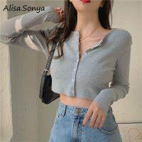 Alisa.sonya Womens ถักสไตล์เกาหลี Cropped Top Botton-Up แขนยาวเอวสูงคอกลมเสื้อถักสำหรับผู้หญิง