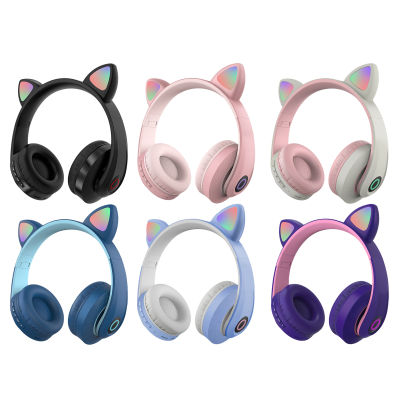 Kids Bluetooth Headphones Cat Ear LED Light Up Wireless Foldable Headphones Over Ear Control for SmartphonesLaptopPC
