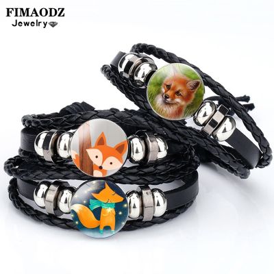 FIMAODZ Little Fox Bracelet Sleeping Fox Cartoon Animal Photo Glass Dome Black Leather Handmade Bracelets for Women Kids Gift
