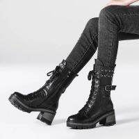 【Spicy beef】 Metallic Gothic Boots ผู้หญิงรองเท้าส้นสูง Chunky รองเท้าสบายๆ Lace Up Zippers ปิด Punk Boots แฟชั่นการออกแบบ Rivet High Boots