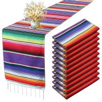 12 Pcs Mexican Table Runner Mexican Party Table Blanket Colorful Striped Runner Fringe Cotton Table Runner Decoration