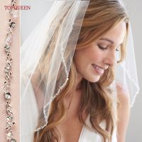 TOPQUEEN V155 Bridal Veil Rhinestone Edge Wedding Veils with Crystal Beaded Soft 1 Tier Accessories for Wedding Dress Silver Hair Accessories