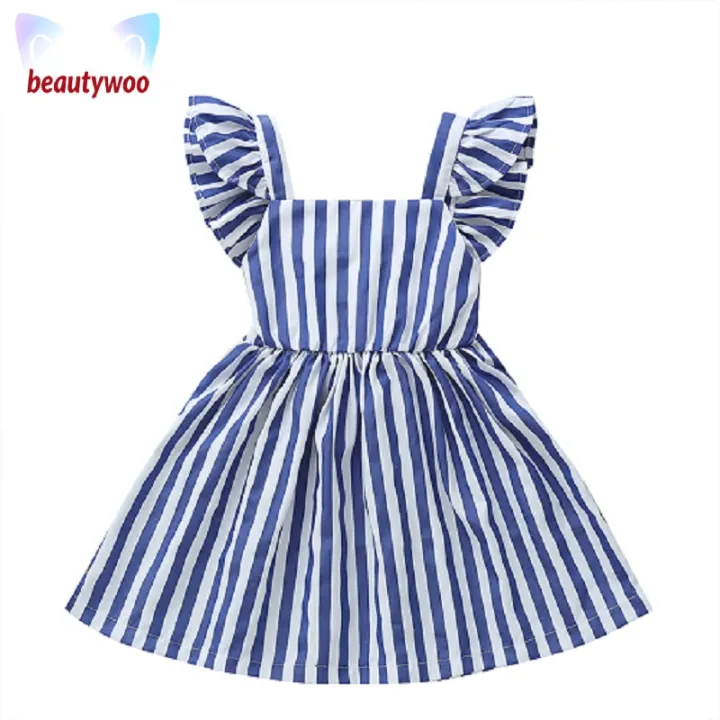 beautywoo】 Baby Girl's Summer Dresses Stylish Kid's Blue White Striped Dress  Square Neck Fly Sleeve Princess One Piece Dress with Bow Decor | Lazada PH