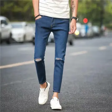 Men's Pink Slim Fit Stretch Jeans Destroyed Fold Denim Pants