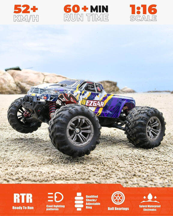 bezgar-hm164-brushless-hobby-grade-1-16-scale-remote-control-truck-4wd-high-speed-52-kmh-all-terrains-off-road-rc-monster-vehicle-car-crawler-with-3-rechargeable-batteries-for-boys-kids-and-adults-yel