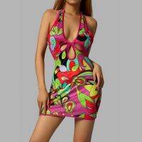 Women Summer Sexy Dress Abstract Print Hollow-Out Halter Neck Sleeveless Tight Skirt For Adults Orange Indoor And Outdoor S-2XL