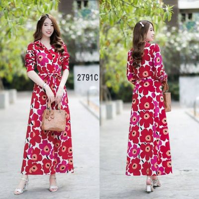 MAXIDRESS เดรสแขนยาว ปลายแขนติดกระดุม 1 เม็ด