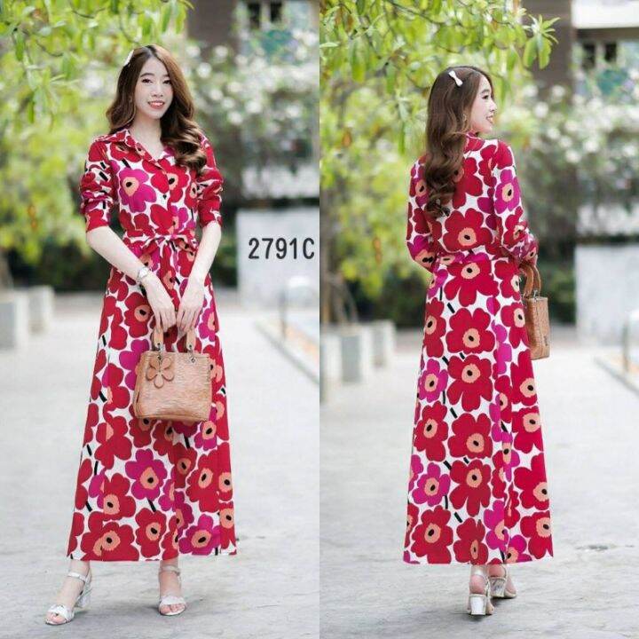 maxidress-เดรสแขนยาว-ปลายแขนติดกระดุม-1-เม็ด