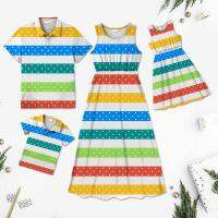 【YF】 Polka Dots Print Mother Father Kids Matching Clothing Set Sleeveless Dress Dad Son Shirt Tops Family Look Holiday Party Wear