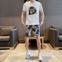 【July hot】 2023 summer new handsome trendy mens all-match suit short-sleeved T-shirt jacquard bear set of clothes