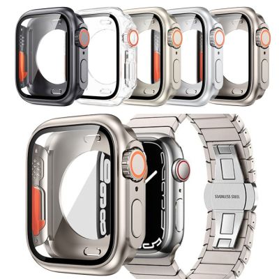 FAKE อัปเกรดเป็น ultra 49mm เปลี่ยนเป็นเคส ultra พร้อมฟิล์มกระจกนิรภัย อัปเกรดรูปลักษณ์ ฝาครอบพีซีแบบเทมเปอร์ ของใหม่ 360คลุมทั้งหมด เคสอัปเกรด สำหรับ Apple Watch 45mm 44mm APPLE WATCH 45mm 44mm