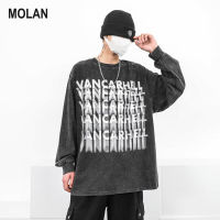 MOLAN เสื้อกันหนาวผชคอกลมผู้ชายแขนยาวพิมพ์ลายเสื้อกันหนาวลำลองบางเสื้อกีฬาแขนยาวทรงหลวม