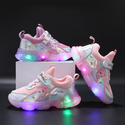 [พร้อมสต็อก] รองเท้าเด็กใหม่สาวเจ้าหญิงแสงรองเท้าแสงที่มีน้ำหนักเบารองเท้ารองเท้าลำลองรองเท้ากีฬาไฟ LED