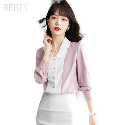 REHIN เสื้อชีฟองแขนยาวแบบใหม่สำหรับผู้หญิง,เสื้อเบลาส์แขนพองใส่ทำงานดีไซน์แบบเฉพาะ