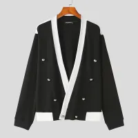 2022ผู้ชาย Blazer Patchwork ลึก V คอยาวแขนยาว Double Breasted Streetwear ชุดผู้ชายแฟชั่น Casual บาง Blazer S-5XL INCERUN