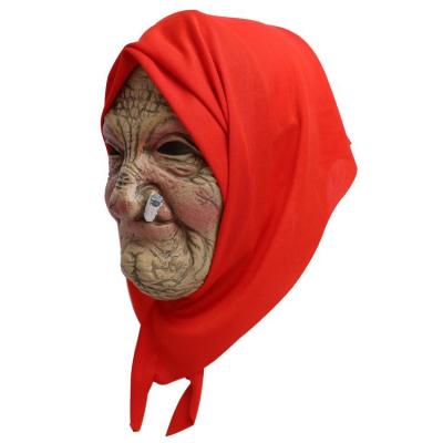 Latex Head Cover Halloween Costume Old Women Face Cover with Red Turban Breathable Cosplay Props for Adults Kids Children Birthday Festival Parties intensely