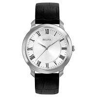 Bulova Mens Classic Quartz Black Leather Strap Watch Silver Tone/ Black Leather Strap Classic