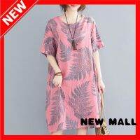 NEW MALL Large Size Belly-Covering Dress, New Print, Loose And Thin Mid-Length Short-Sleeved Skirt