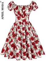 【LZ】●☽◈  Vestido Swing Off-Ombro Feminino Vestidos de Festa Vintage Vestido Midi Feminino Vestido de Praia Elegante Anos 50 Anos 60 Rockabilly Sexy Verão