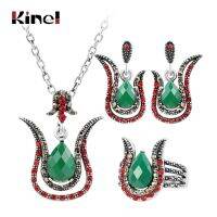 【lz】✻▩  Kinel-conjuntos de joias femininas da turquia cores prateadas pingente verde retrô brincos anéis de cristal rosa