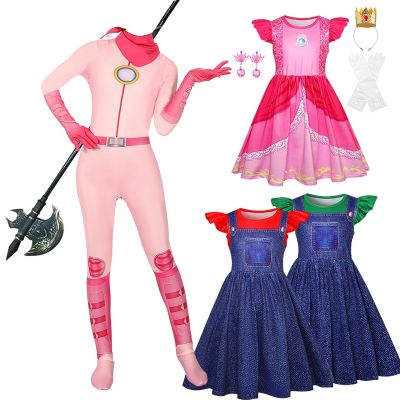 2023 Movie Peach Princess Dresses Kid Peach Cosplay Girls Pink Jumpsuit Uniform Halloween Costumes for Birthday Party Costume