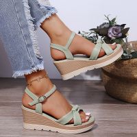 【CW】 2022 Summer 7cm Heel Solid Women Wedges Sandals Open Toe One Line Buckle Female Beach Sandal Muffin Sole Lady Fairy Sandals