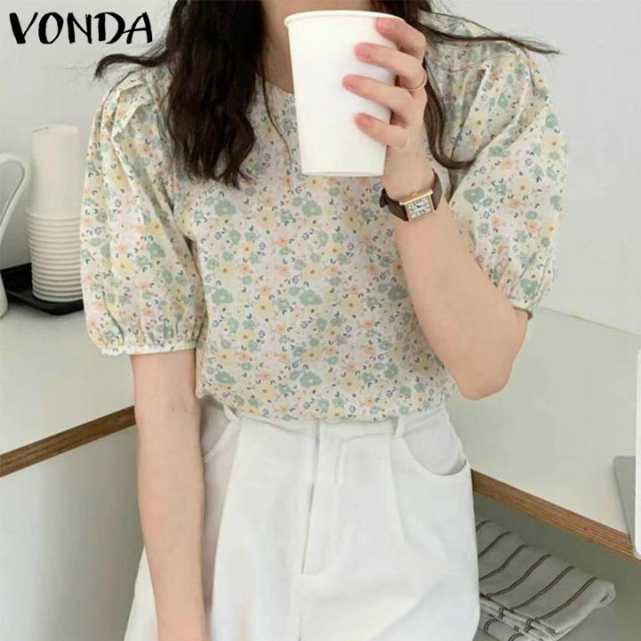 จัดส่งฟรี-fancystyle-vonda-ผู้หญิงลำลองชายแขนสั้น-o-คอเสื้อยืดฤดูร้อนพิมพ์ลายดอกไม้เสื้อจีบ