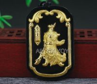 Chinese Handwork Natural Black Green Hetian Jade + Solid Gold Fu Sword GuanGong Amulet Pendant Rope Necklace Charm Gift Jewelry