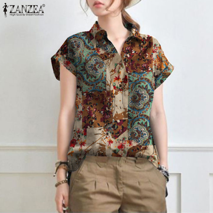 จัดส่งฟรี-เสื้อแขนสั้นผู้หญิง-fancystyle-zanzea-พิมพ์ลายดอกไม้ปกเสื้อทำงานวินเทจเสื้อทำงานสำนักงาน-7