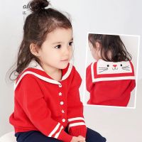 Girls spring and autumn sweater knitted cardigan Red Navy collar childrens middle and small childrens coat