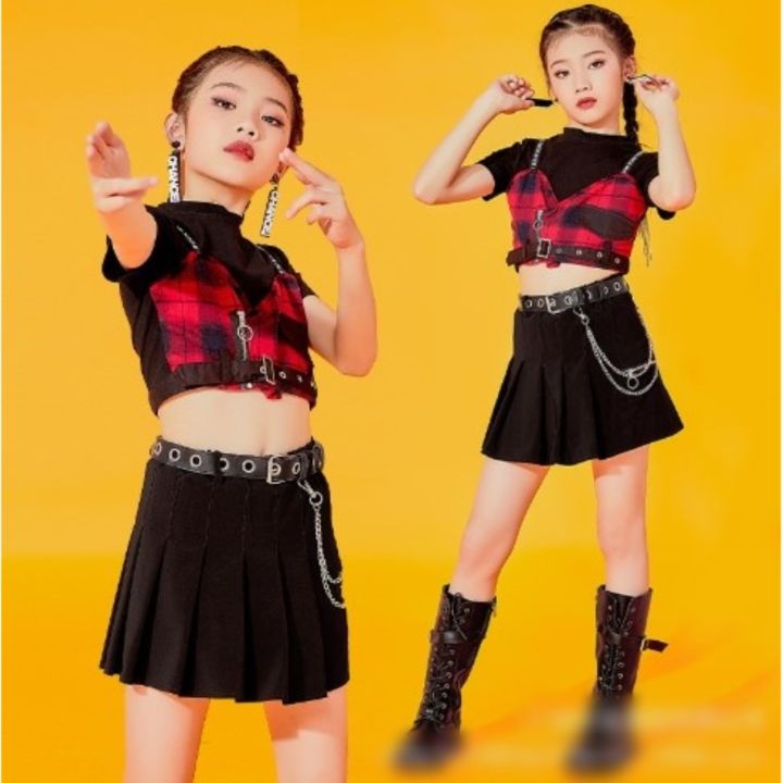 พร้อม-ส่ง-ชุดเต้นเด็กเสื้อแขนสั้นกับกระโปรงกางเกงสีดำจีบรอบรวมเข็มขัด-ชุดเต้นฮิปฮอปสำหรับเด็กฤดูร้อน