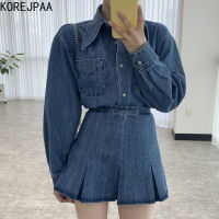 Korejpaa Women Sets 2021 Autumn Korea Temperament Ladies Pointy Collar Single-Breasted Denim Shirt High Waist Pleated Skirt Suit